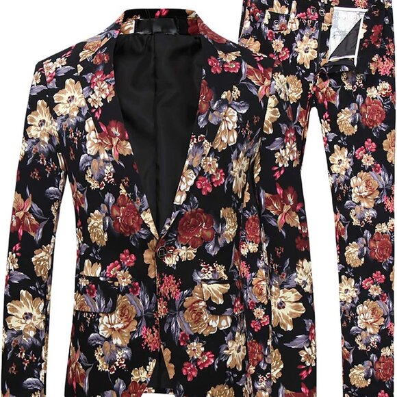 Stylish Men's Floral One Button Suit - Slim Fit with Notched Lapel - Medium Size